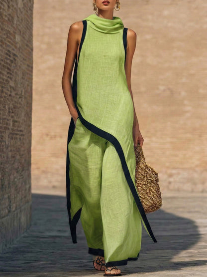 Gelvara | Contrast Trim Cowl Neck Asymmetric Linen Top & Wide Leg Trouser Set