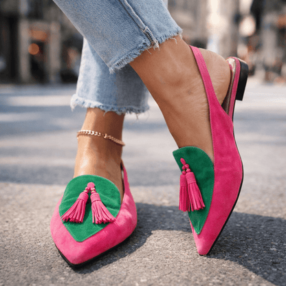 Oxvara | Bold Two-Tone Pointed Toe Tassel Slingback Loafers