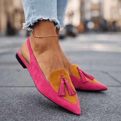 Oxvara | Bold Two-Tone Pointed Toe Tassel Slingback Loafers