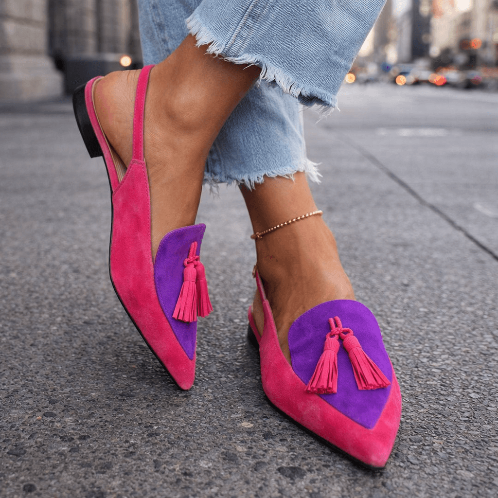 Oxvara | Bold Two-Tone Pointed Toe Tassel Slingback Loafers