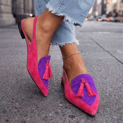 Oxvara | Bold Two-Tone Pointed Toe Tassel Slingback Loafers