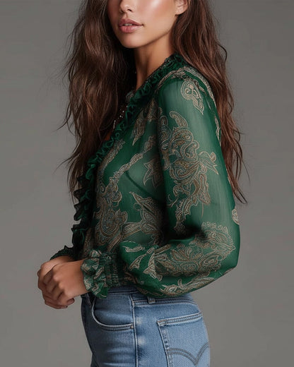 Delvara | Paisley Print Sheer Ruffle Zip Front Boho Blouse