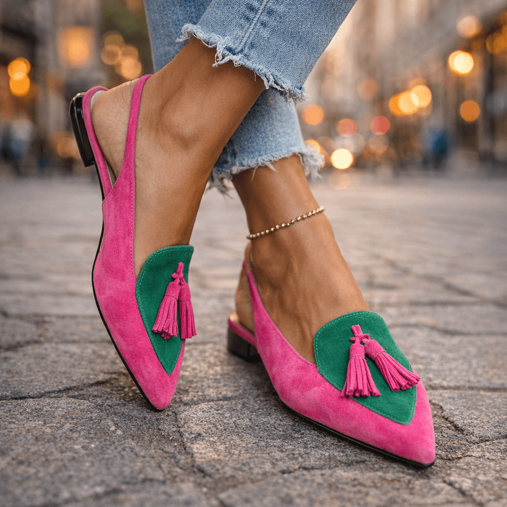 Oxvara | Bold Two-Tone Pointed Toe Tassel Slingback Loafers