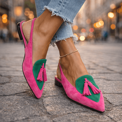 Oxvara | Bold Two-Tone Pointed Toe Tassel Slingback Loafers
