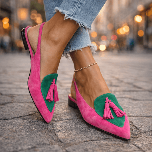 Oxvara | Bold Two-Tone Pointed Toe Tassel Slingback Loafers