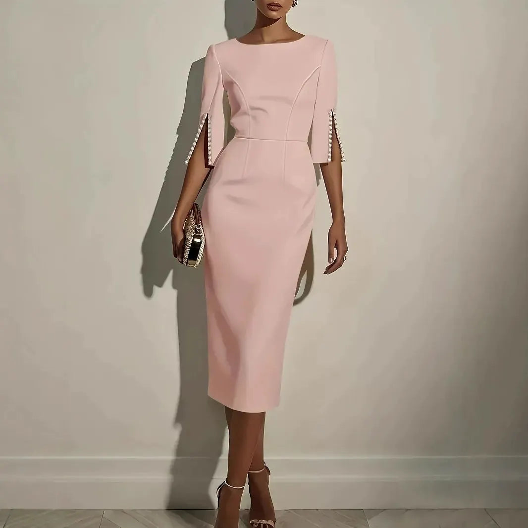 Kaliana | Elegant Pearl Sleeve Midi Dress
