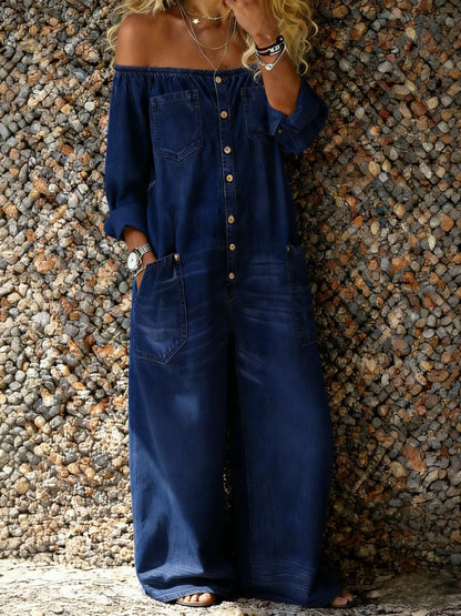 Stevie | Relaxed Off-Shoulder Button-Through Denim Jumpsuit