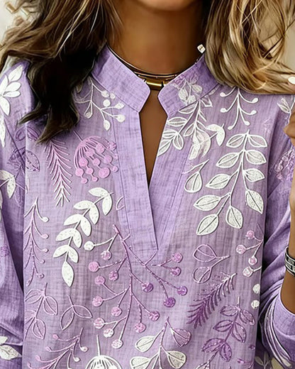 Flora | Botanical Print V-Neck Long Sleeve Blouse