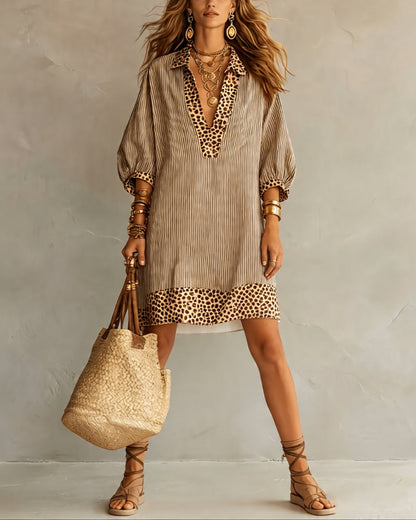 Perrine | Leopard Trim Stripe Shirt Dress