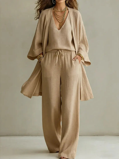 Kavryn | Longline Kimono Cardigan V-Neck Top & Wide Leg Trouser Three-Piece Set