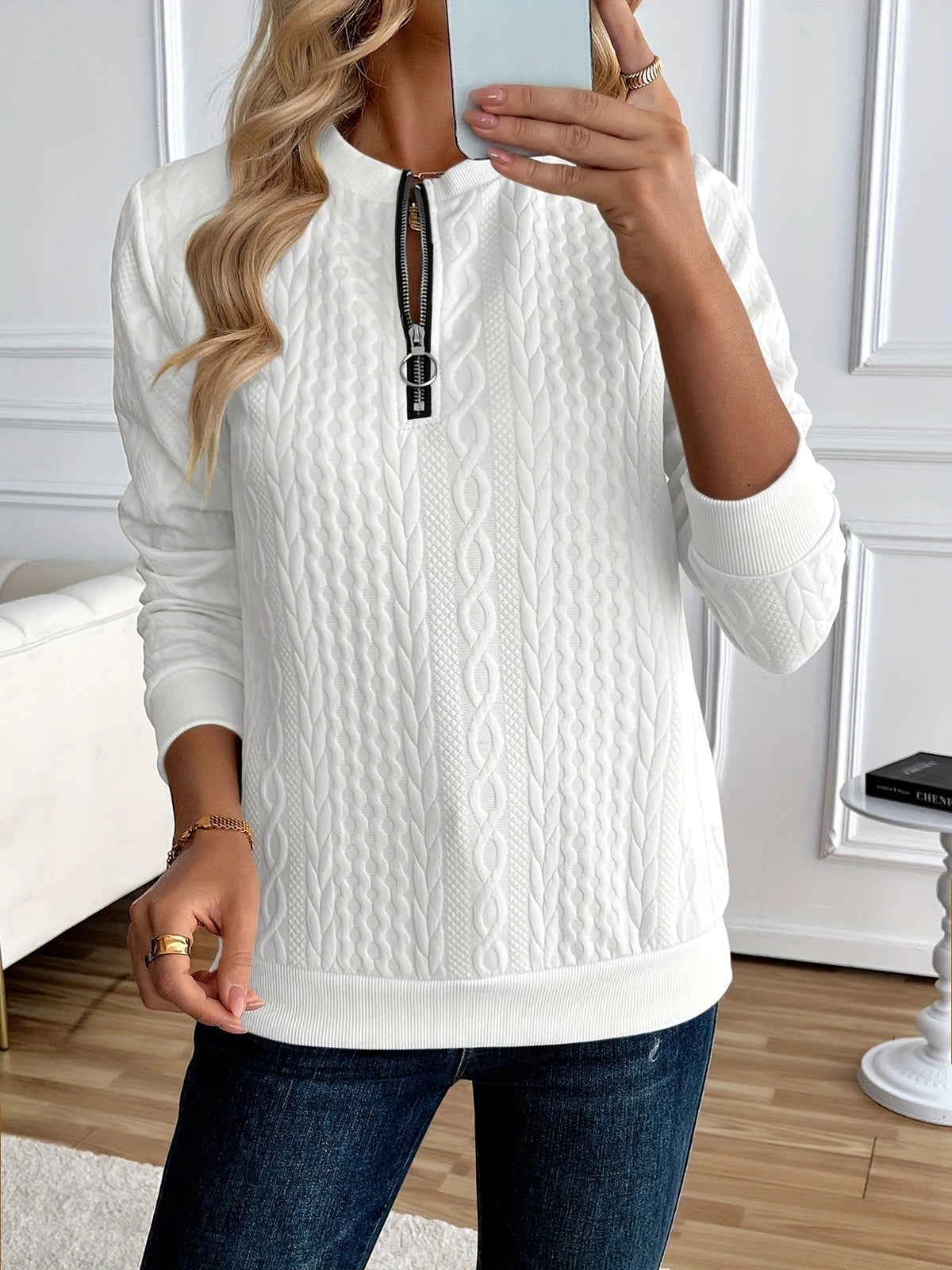 Phaeline | Cable Knit Half Zip Sweatshirt