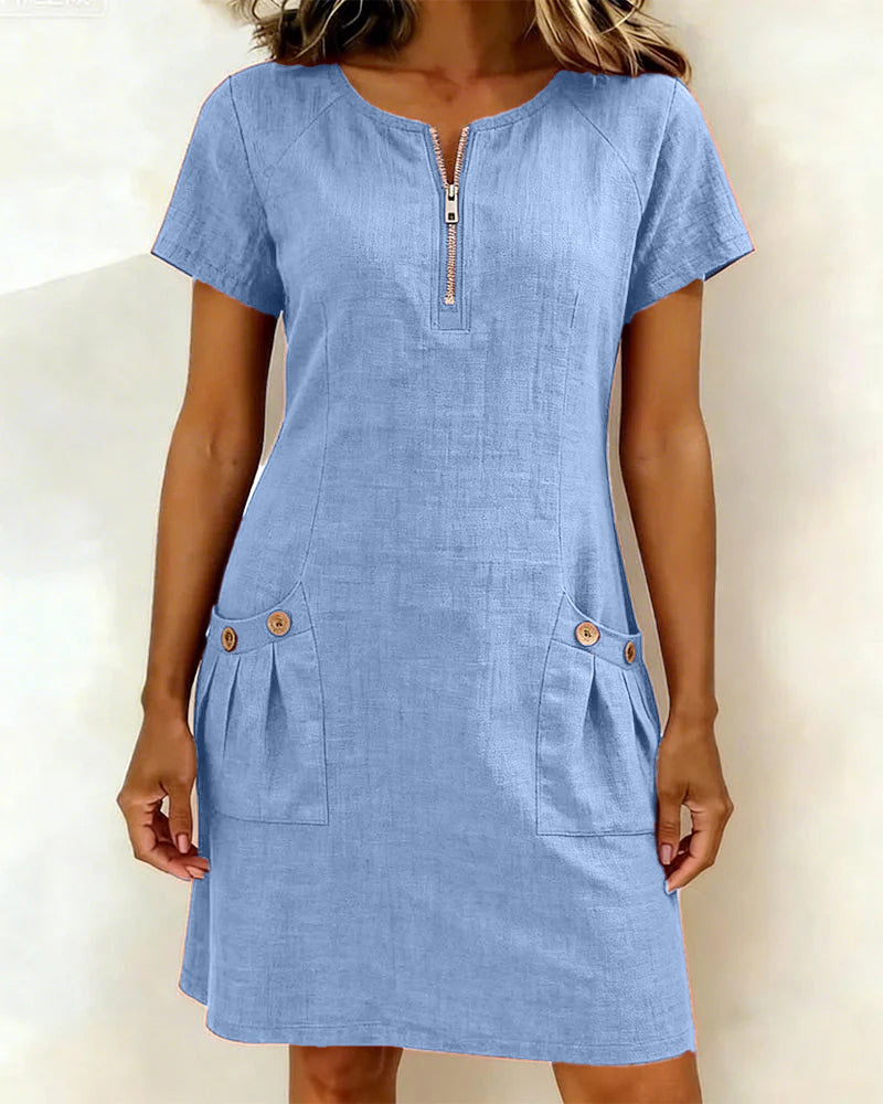 Wren | Linen Half-Zip Short Sleeve Pocket Mini Dress
