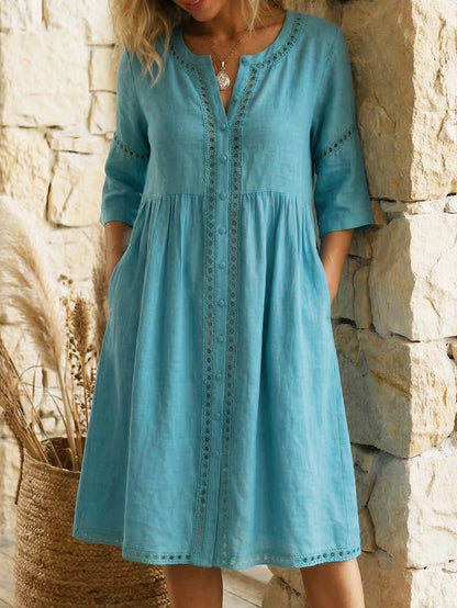 Kavryn | Linen Lace Trim Button Front Three-Quarter Sleeve Midi Dress