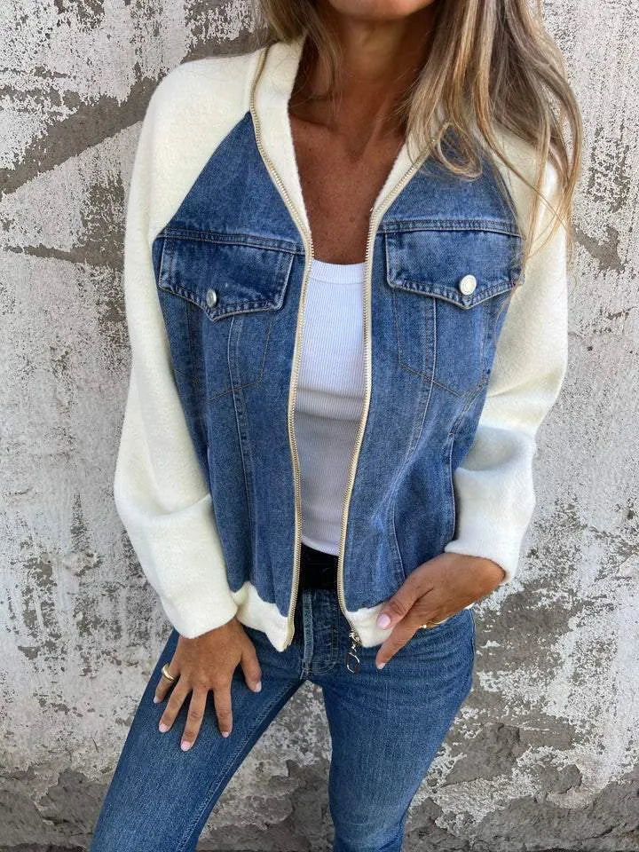 Virelora | Contrast Sleeve Denim Zip Jacket