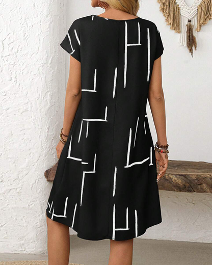 Sage | Geometric Print Round Neck Relaxed Midi Dress