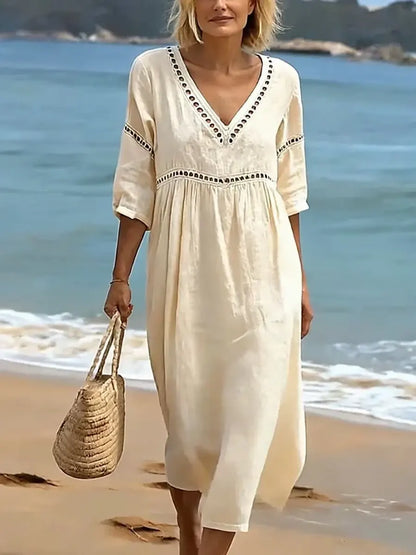 Tuvaine | Linen Eyelet Trim V-Neck Empire Waist Relaxed Midi Dress