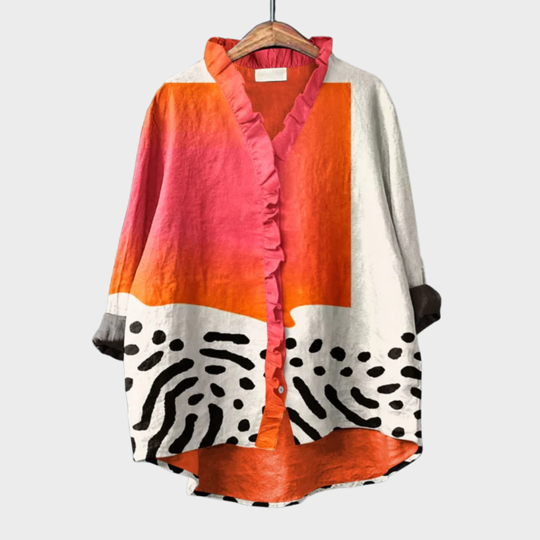 Elythara | Abstract Ruffle Button Blouse