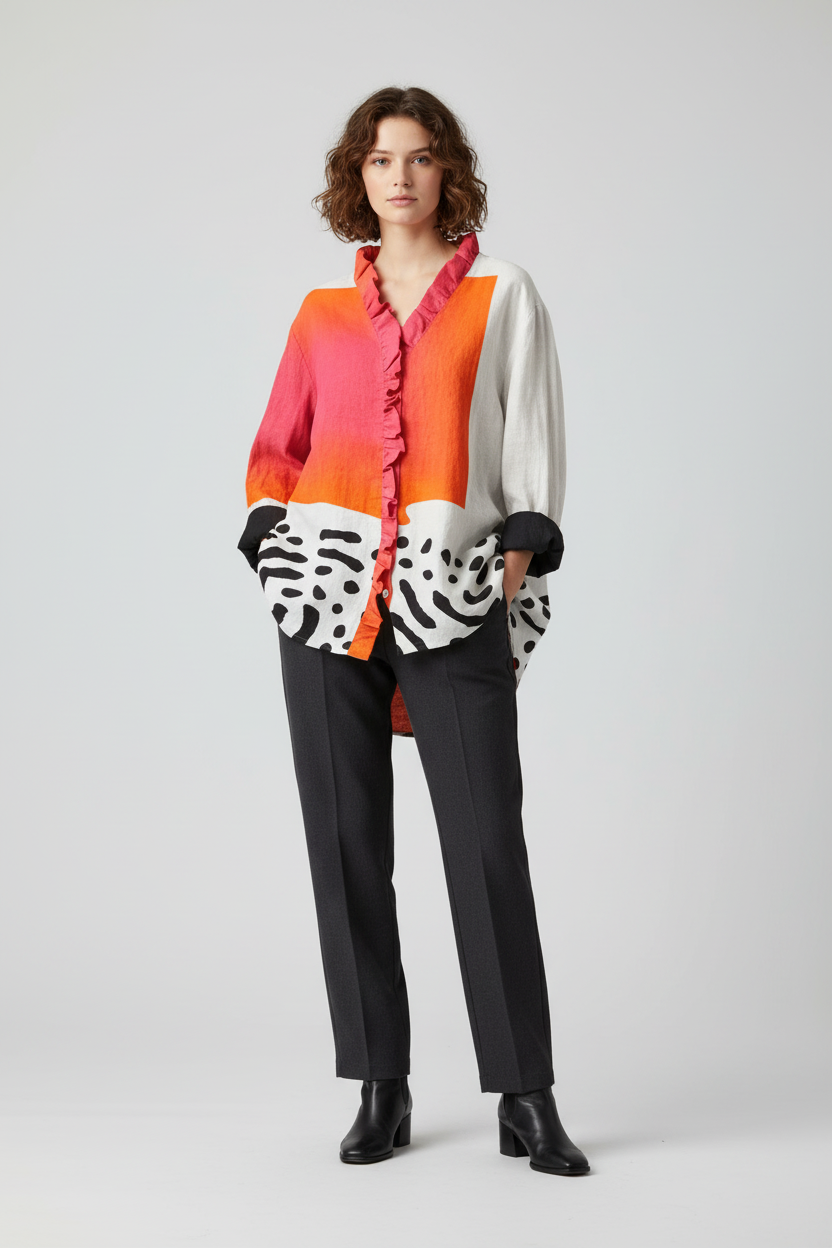 Elythara | Abstract Ruffle Button Blouse