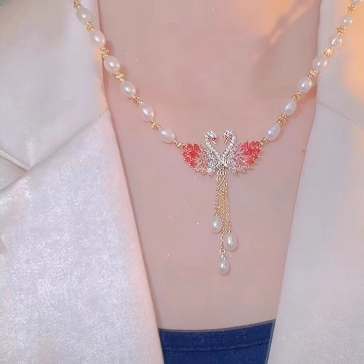 Sovlyn | Crystal Swan Pearl Bead Gold Chain Tassel Necklace