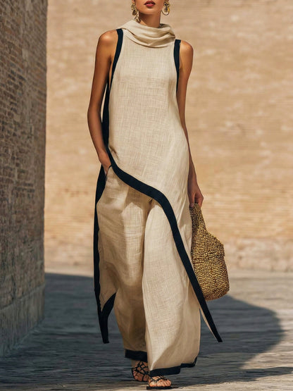 Gelvara | Contrast Trim Cowl Neck Asymmetric Linen Top & Wide Leg Trouser Set