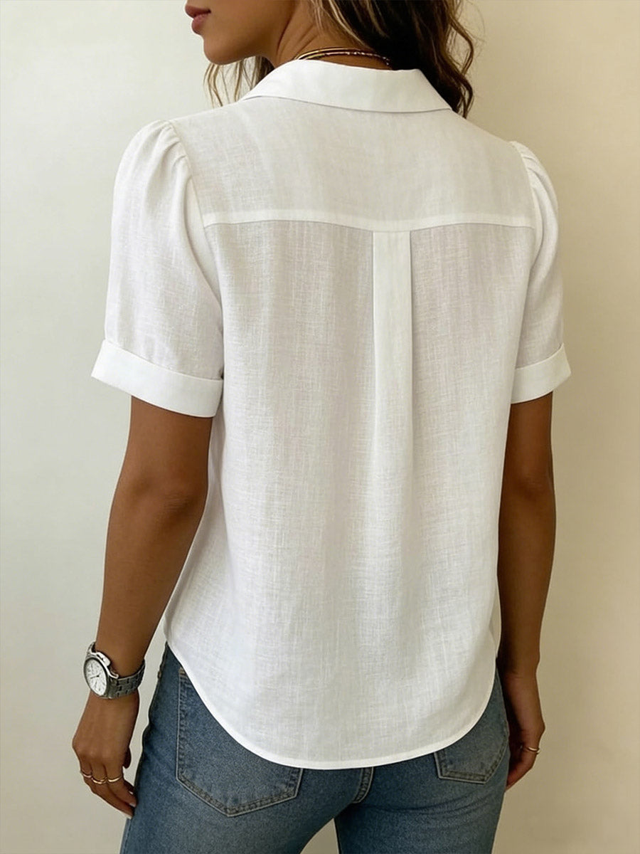 Tuvaine | Linen Pleated Front Collar Short Sleeve Casual Shirt