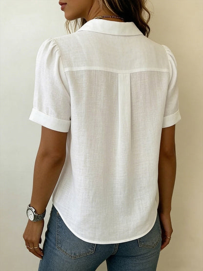 Tuvaine | Linen Pleated Front Collar Short Sleeve Casual Shirt