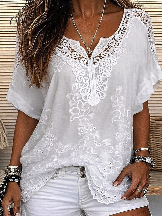 Odalys | Embroidered Lace V Neck Blouse