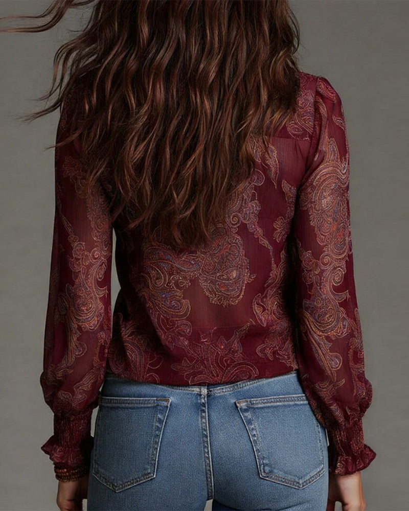 Delvara | Paisley Print Sheer Ruffle Zip Front Boho Blouse