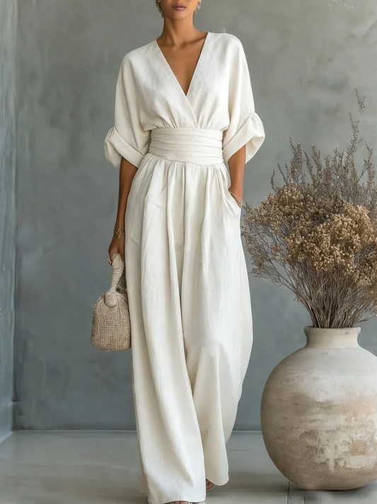Noxara | Batwing Sleeve V-Neck Ruched Waist Palazzo Leg Jumpsuit