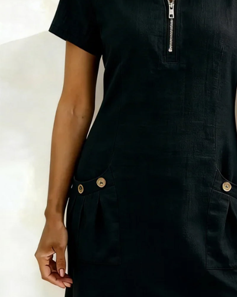Wren | Linen Half-Zip Short Sleeve Pocket Mini Dress