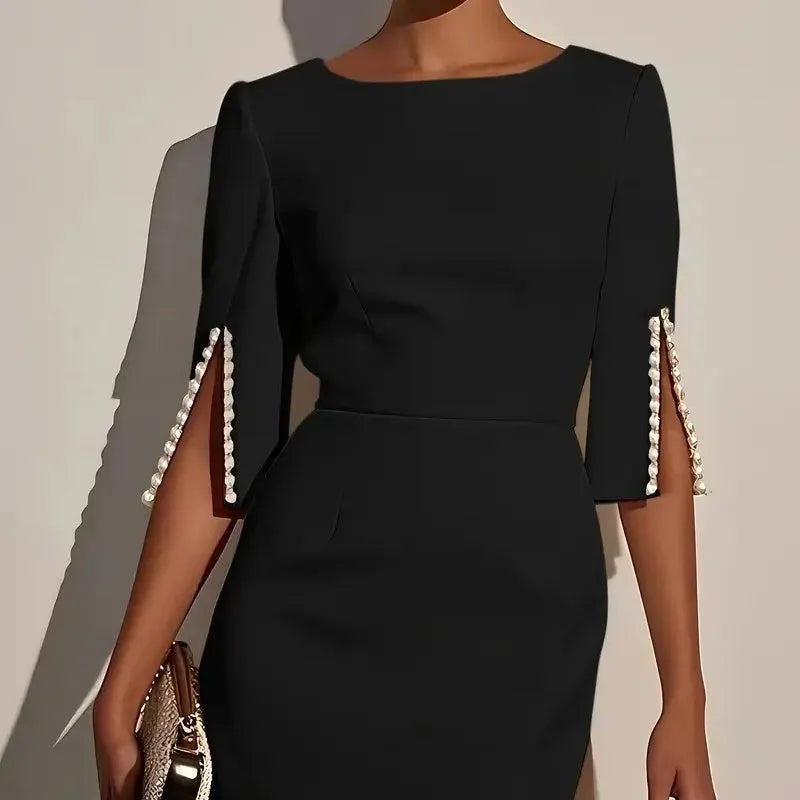 Kaliana | Elegant Pearl Sleeve Midi Dress