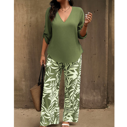Kaelora | V Neck Top and Printed Trouser Set