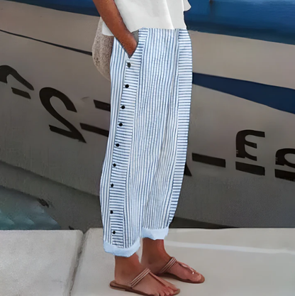 Lyndrel | Nautical Stripe Button Side Casual Wide Leg Trousers
