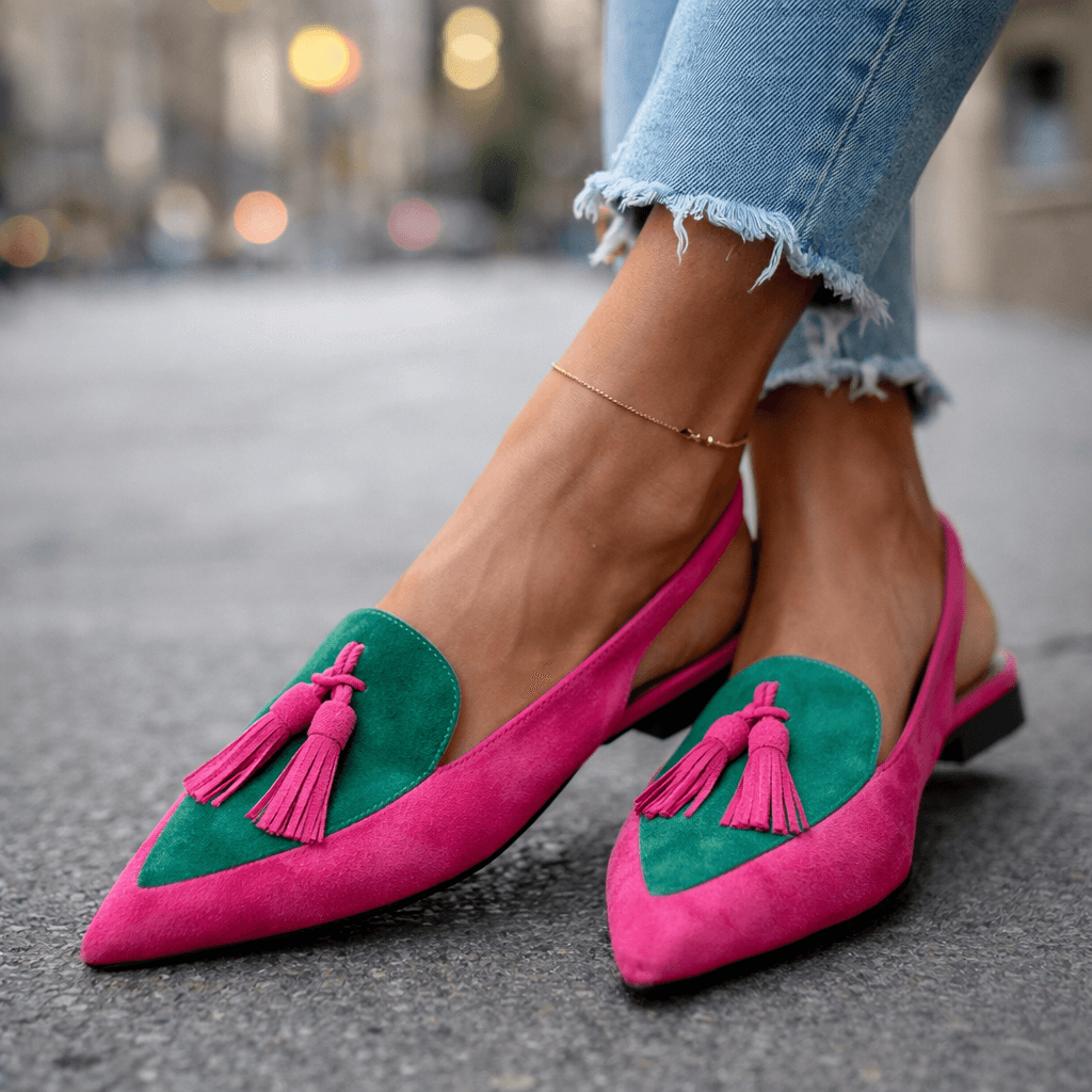 Oxvara | Bold Two-Tone Pointed Toe Tassel Slingback Loafers
