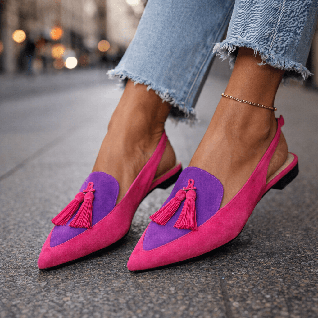Oxvara | Bold Two-Tone Pointed Toe Tassel Slingback Loafers