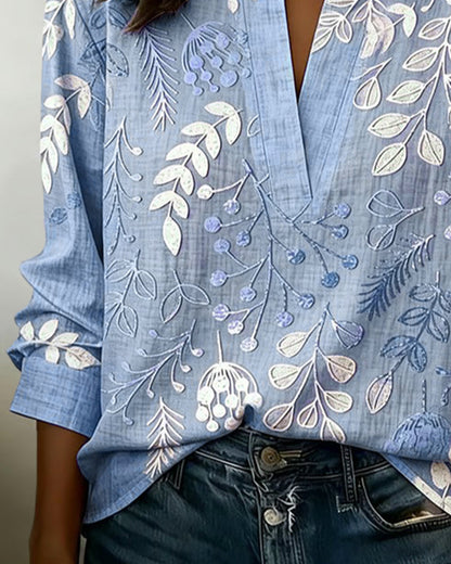 Flora | Botanical Print V-Neck Long Sleeve Blouse