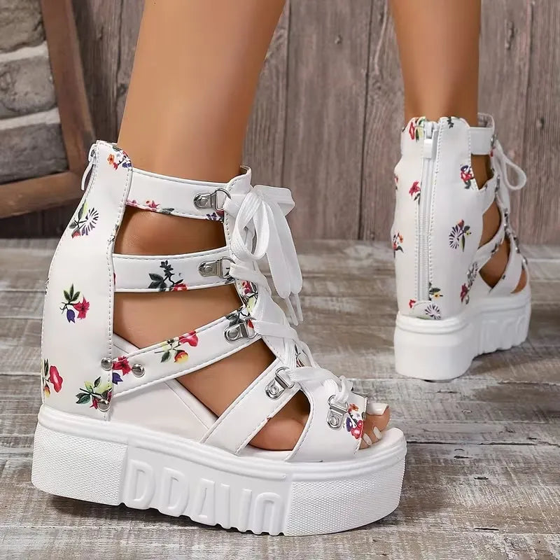 Xylara | Floral Lace Up Platform Sandals
