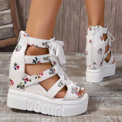 Xylara | Floral Lace Up Platform Sandals