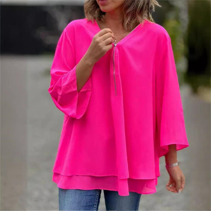 Aramelle | Flowy Layered V-Neck Blouse