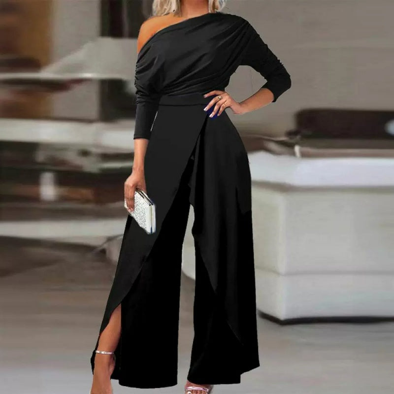 Zerlina | One Shoulder Draped Overlay Wide Leg Evening Jumpsuit