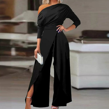 Zerlina | One Shoulder Draped Overlay Wide Leg Evening Jumpsuit