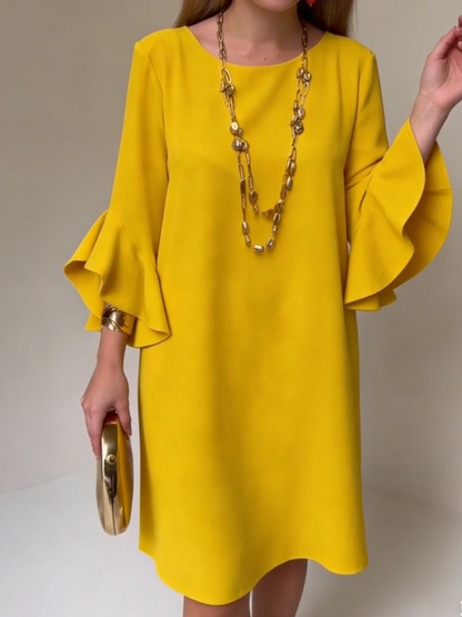 Sevryn | Mustard Ruffle Bell Sleeve Round Neck Shift Mini Dress