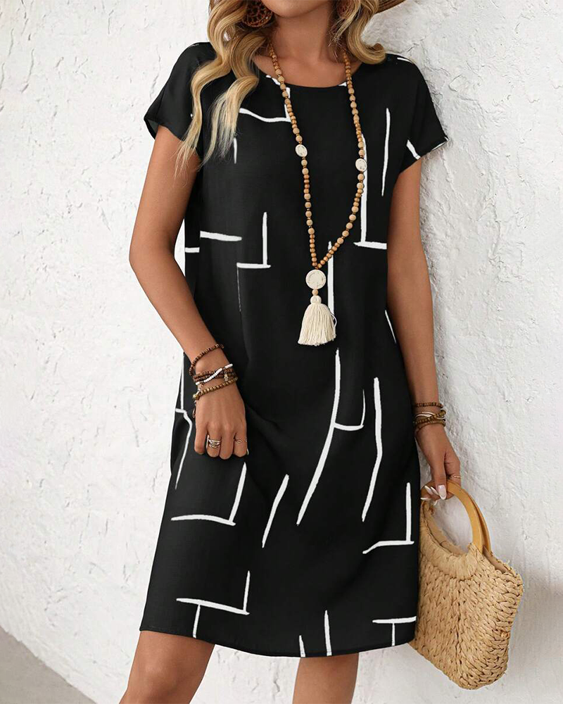 Sage | Geometric Print Round Neck Relaxed Midi Dress