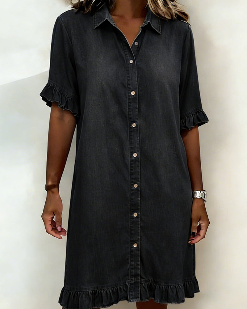 Solvienne | Ruffle Sleeve Button Denim Dress