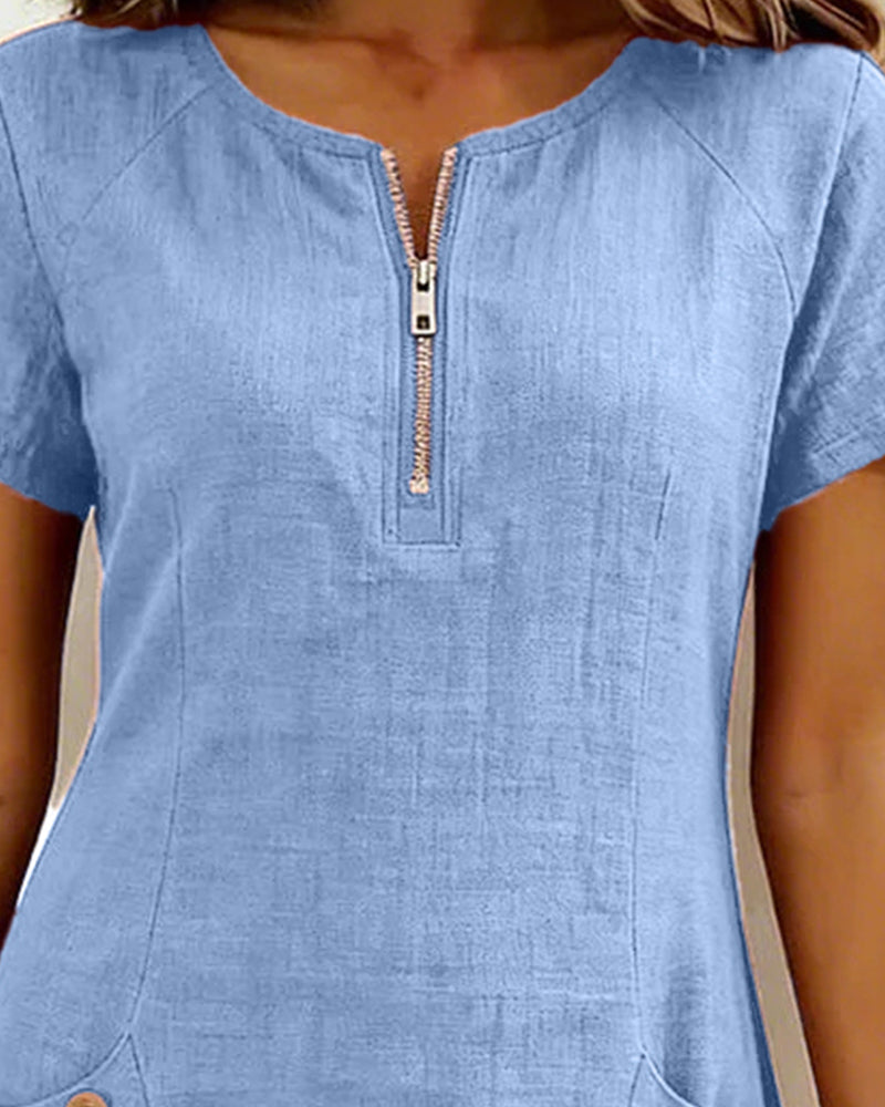 Wren | Linen Half-Zip Short Sleeve Pocket Mini Dress