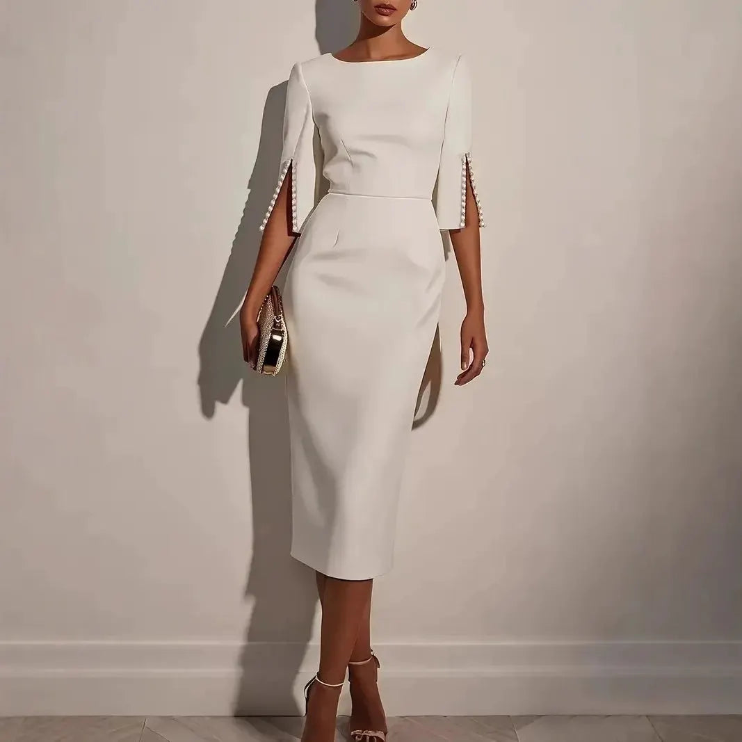 Kaliana | Elegant Pearl Sleeve Midi Dress