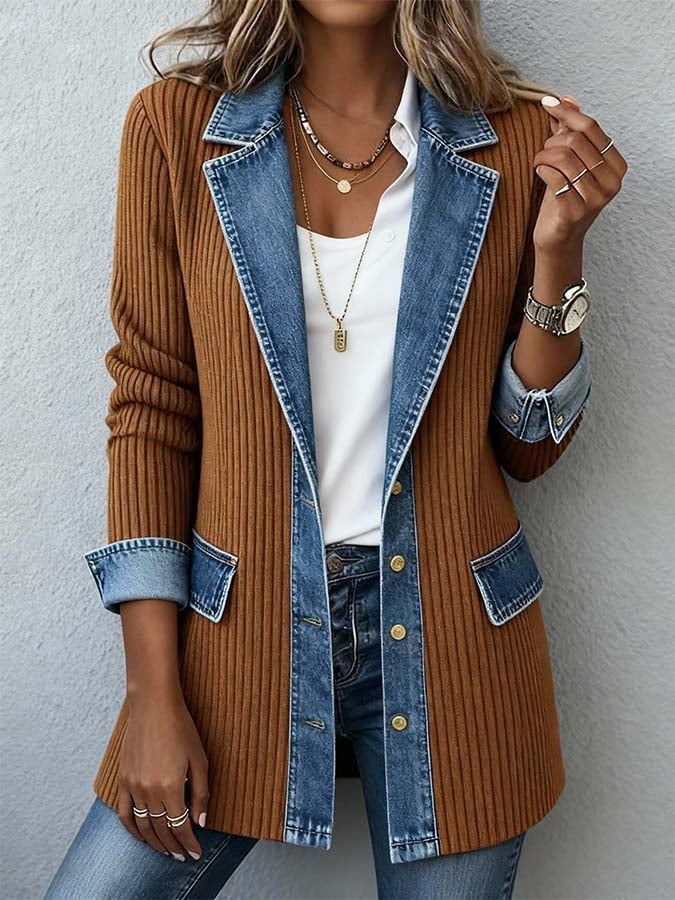 Evelora | Denim Trim Knit Cardigan