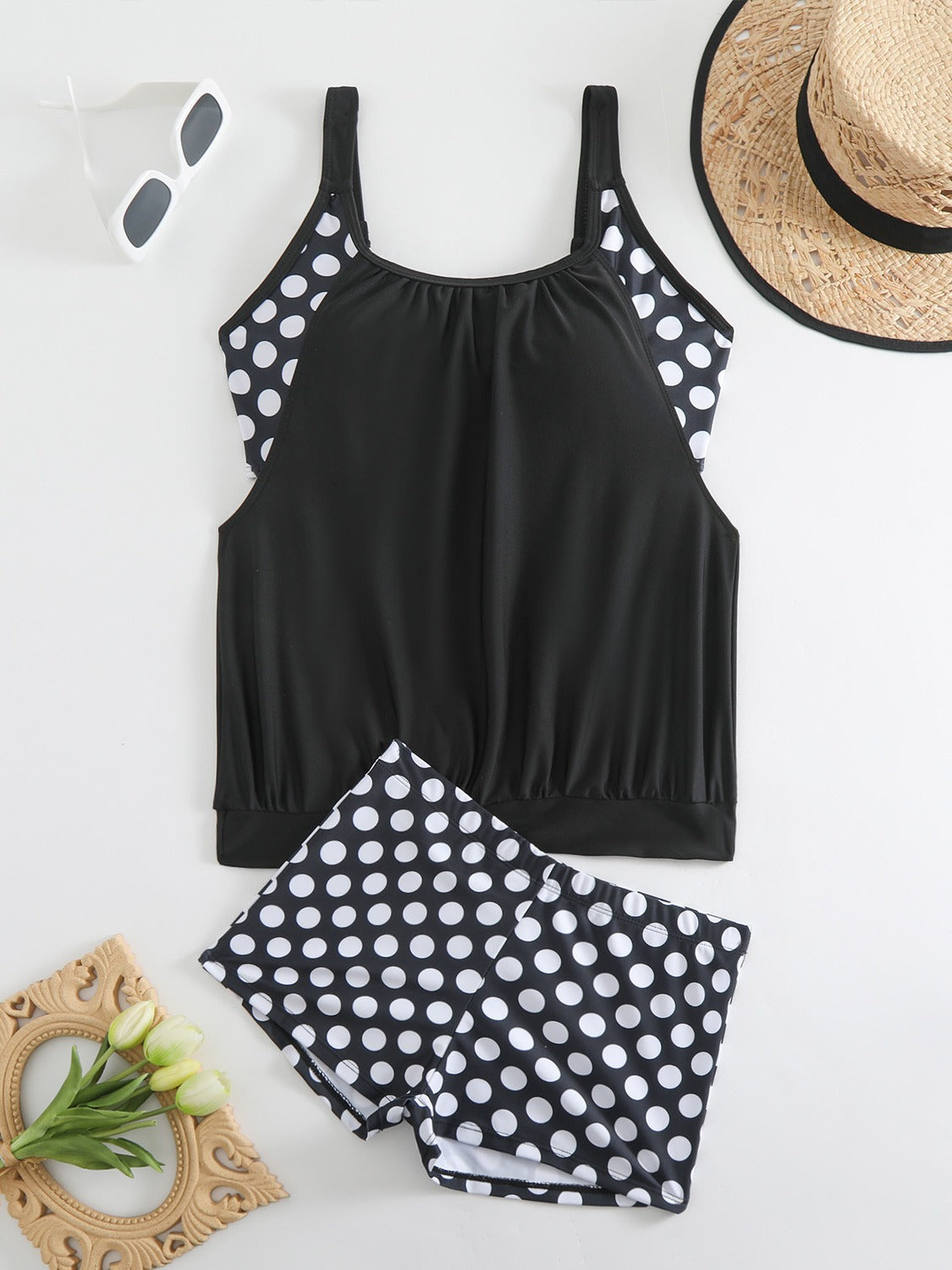 Oxvara | Colour Block Polka Dot Tankini Top & Boyleg Swim Shorts Set