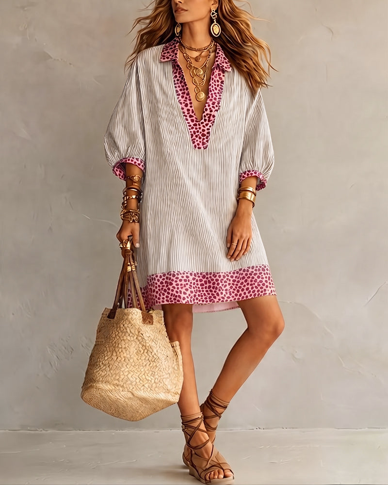 Perrine | Leopard Trim Stripe Shirt Dress