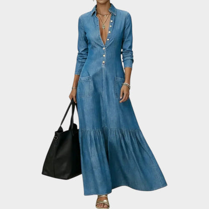 Casmyn | Deep V-Neck Denim Shirt Collar Tiered Maxi Dress with Pockets